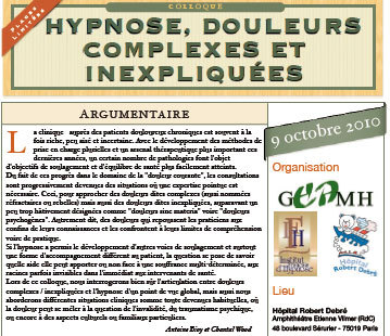 Colloque Hypnose, Douleurs Complexes et Inexpliquées. Formation Hypnose paris